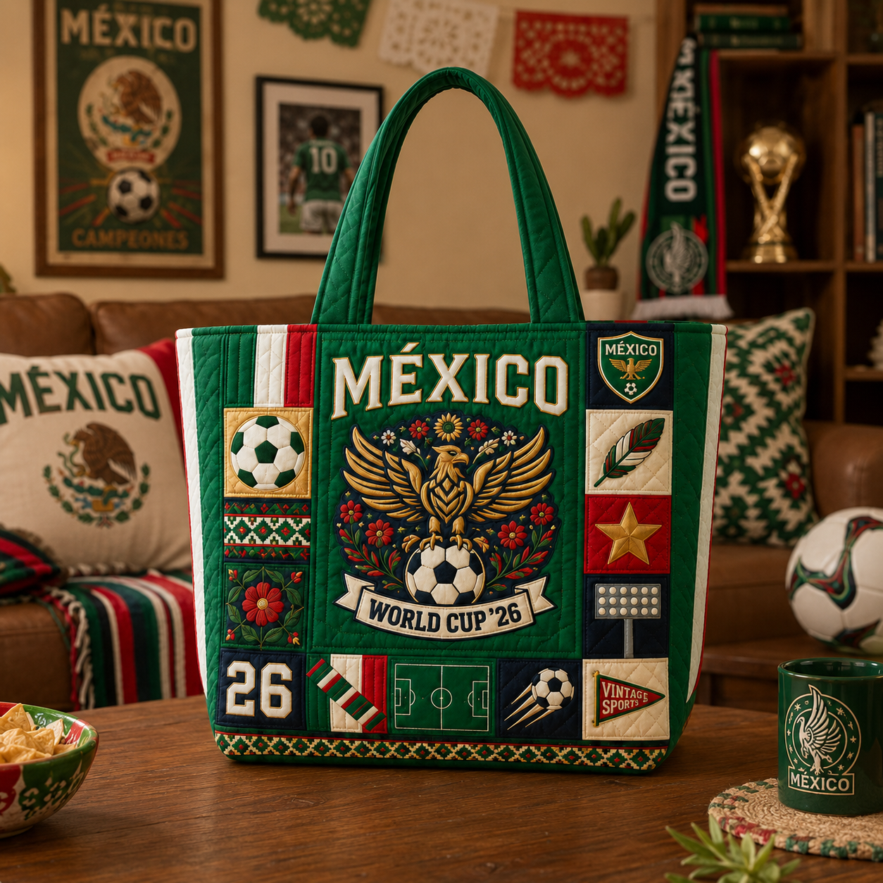 Personalized Mexico World Cup 2026 Quilted Tote Bag Gift for Football Fans