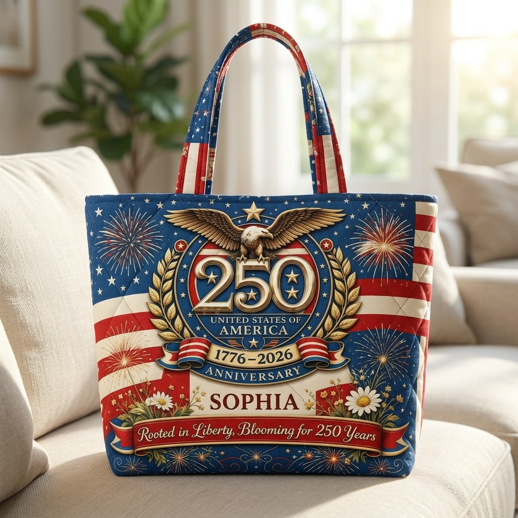 Personalized US 250th Anniversary Bald Eagle Quilted Tote Bag Gift for Her