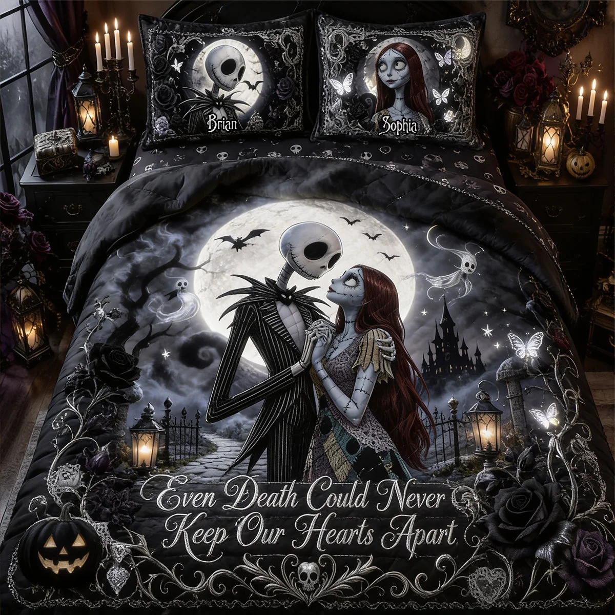 Personalized Quilted Bedding Set Custom Name Gift for Couples Halloween Quilted Bedding Set GradoCreations