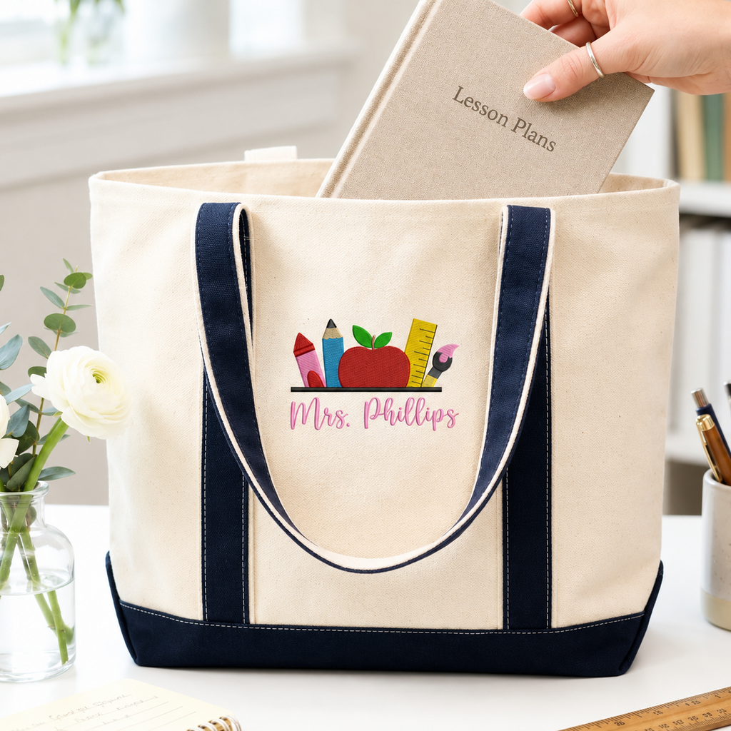 Personalized Teacher Tote Bag with Embroidered Name - Gift for Back to School