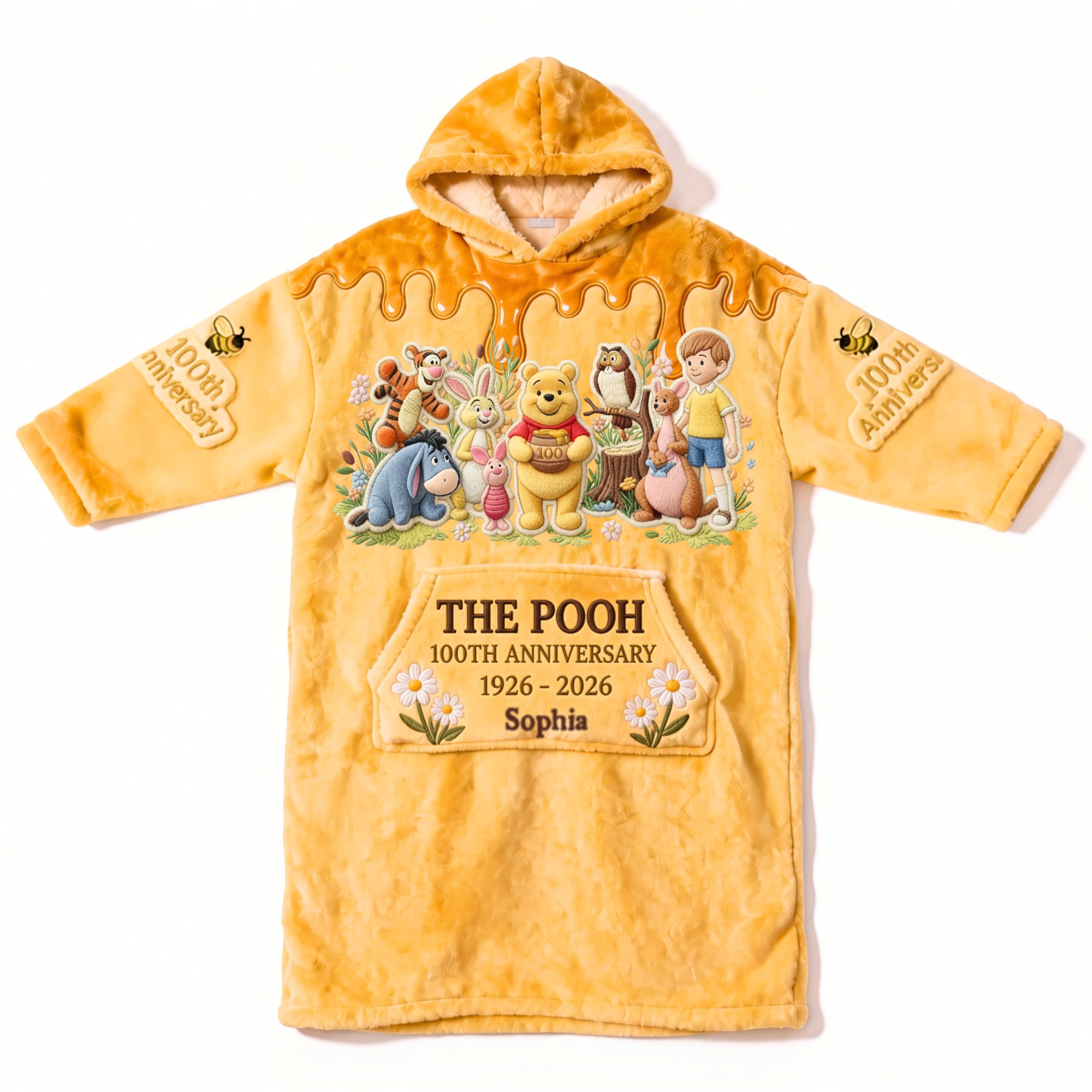 Personalized Pooh Bear Blanket Hoodie Custom Name Gift for Anniversary Blanket Hoodie GradoCreations