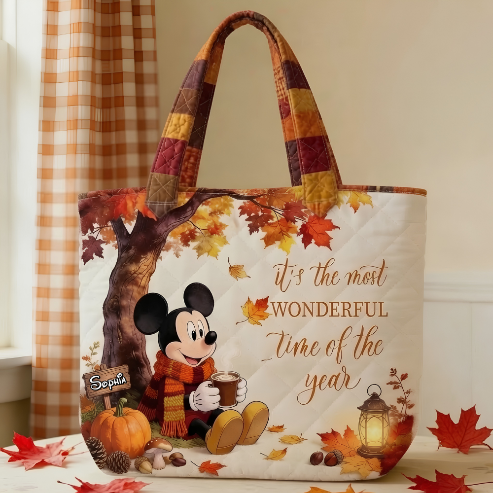 Personalized Quilted Tote Bag Fall Vibes Mickey Mouse Gift Quilted Tote Bag GradoCreations