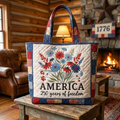 Patriotic Quilted Tote Bag with Flower Design for Her - Independence Day Gift