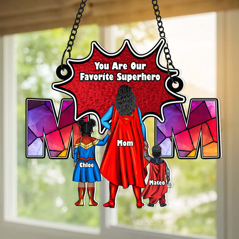 Personalized Supermom & Little Heroes Window Hanging Suncatcher Gift for Mom