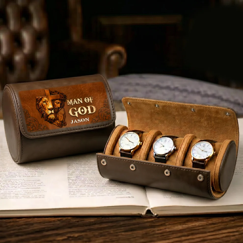 Personalized Leather Watch Case with Man Of God Design Gift for Dad