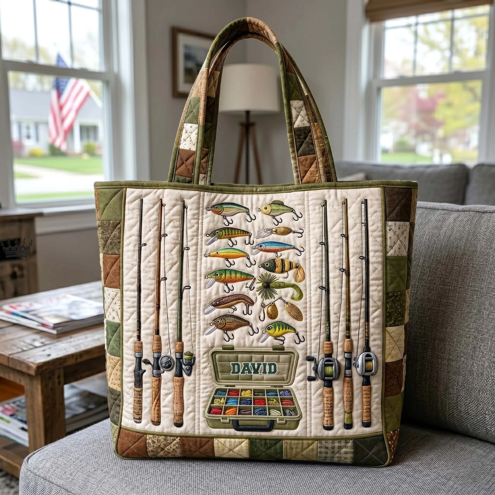 Personalized Fishing Tackle Box Quilted Tote Bag for Dad