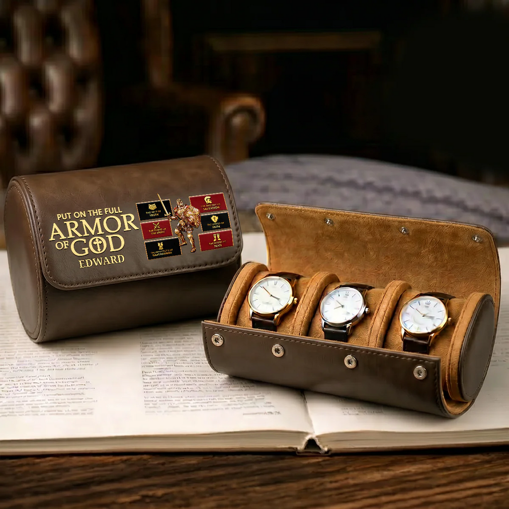 Personalized Leather Watch Case for Dad - Custom Armor of God Gift