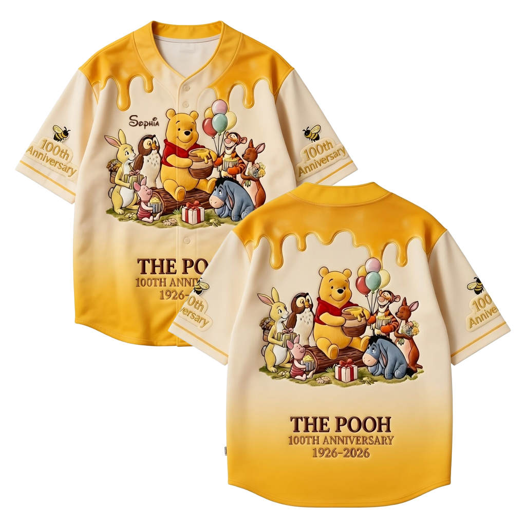Personalized Winnie the Pooh 100th Anniversary Baseball Jersey Gift for Fans
