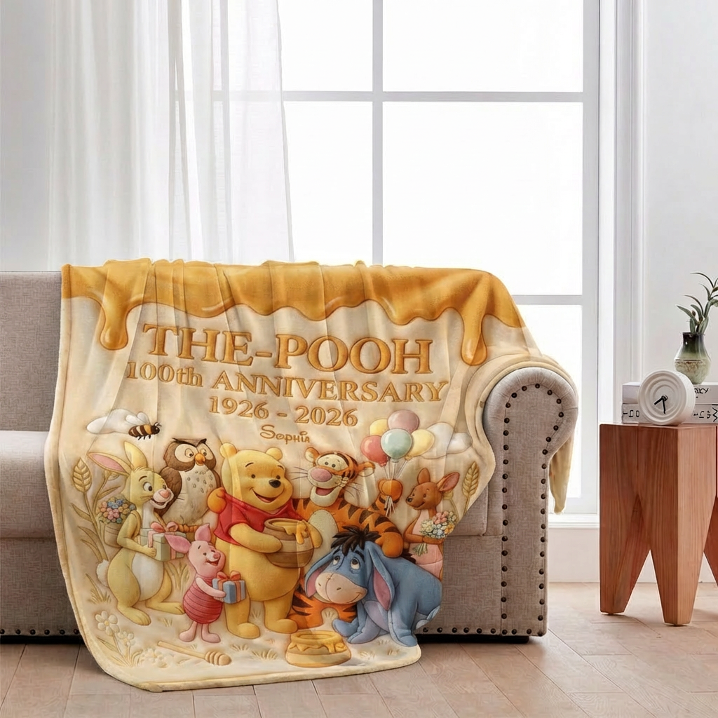 Personalized Winnie the Pooh 100th Anniversary Blanket Gift for Fans