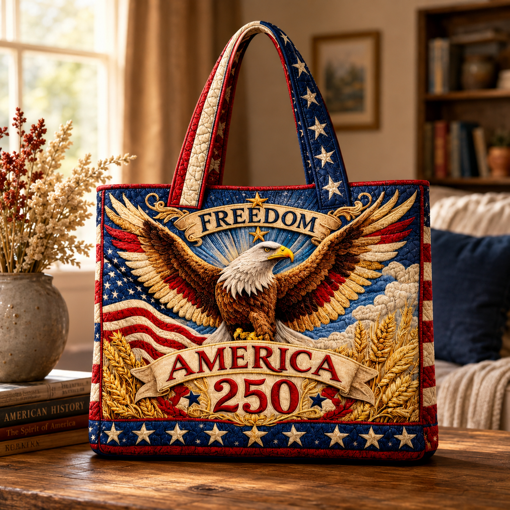 Patriotic Quilted Tote Bag with Bald Eagle Design Gift for Her