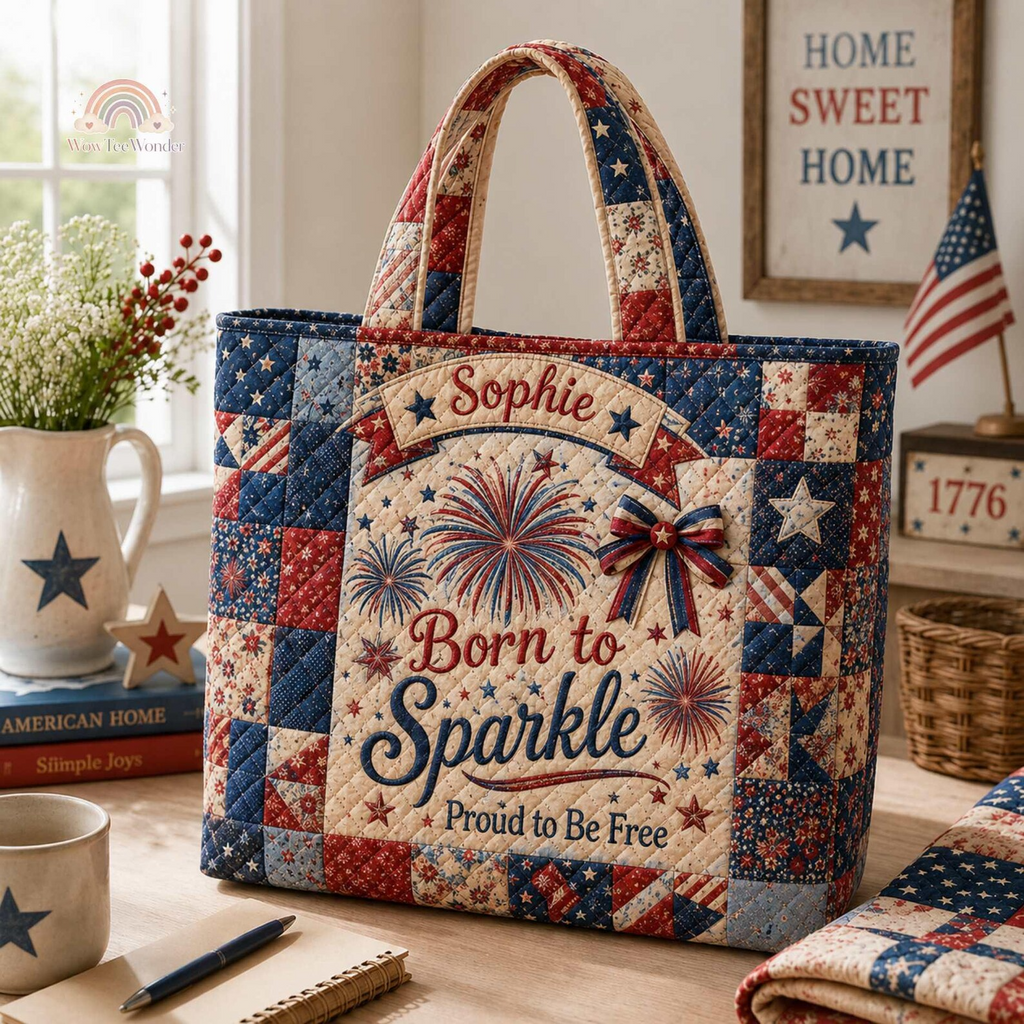 Personalized Quilted Tote Bag with Fireworks Design for 4th of July Patriot Gift