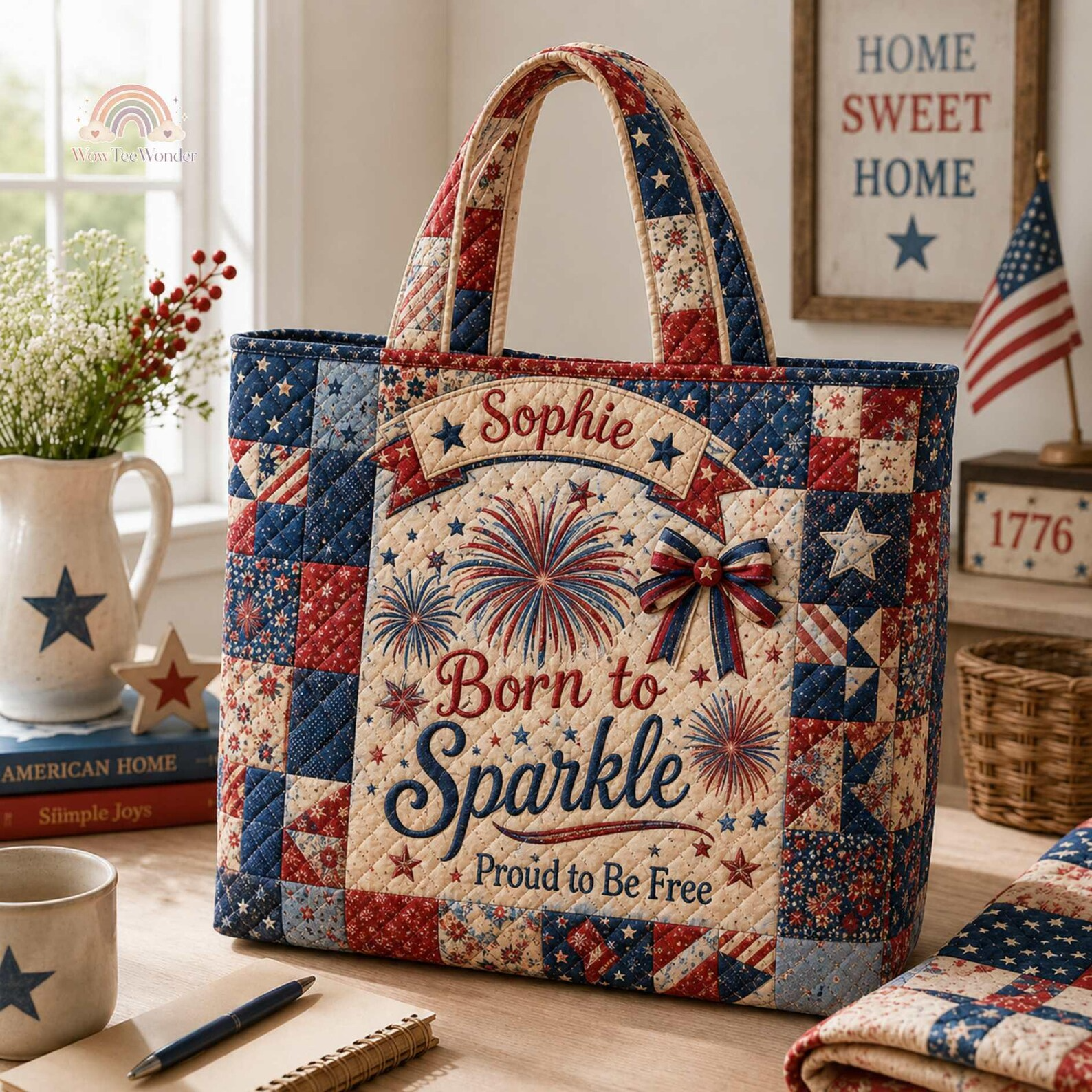 Personalized Quilted Tote Bag with Fireworks Design for 4th of July Patriot Gift