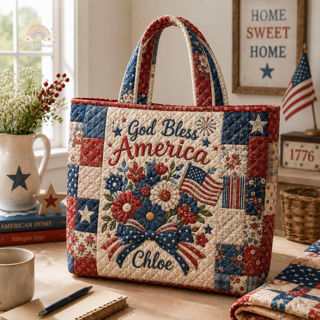 Personalized Patriotic Floral Quilted Tote Bag Gift for Patriots