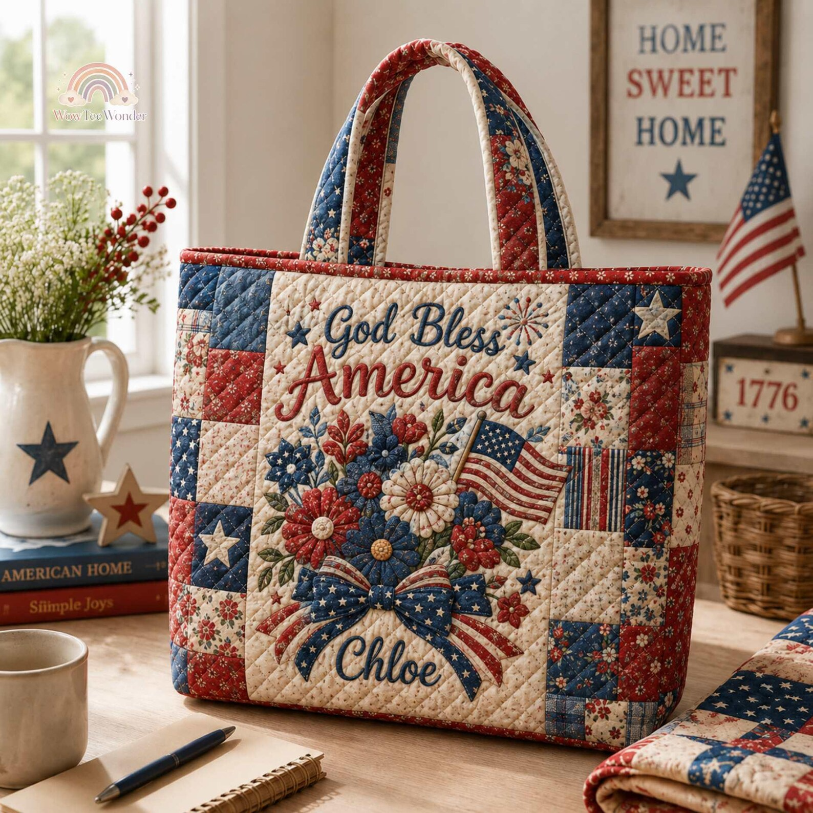 Personalized Patriotic Floral Quilted Tote Bag Gift for Patriots