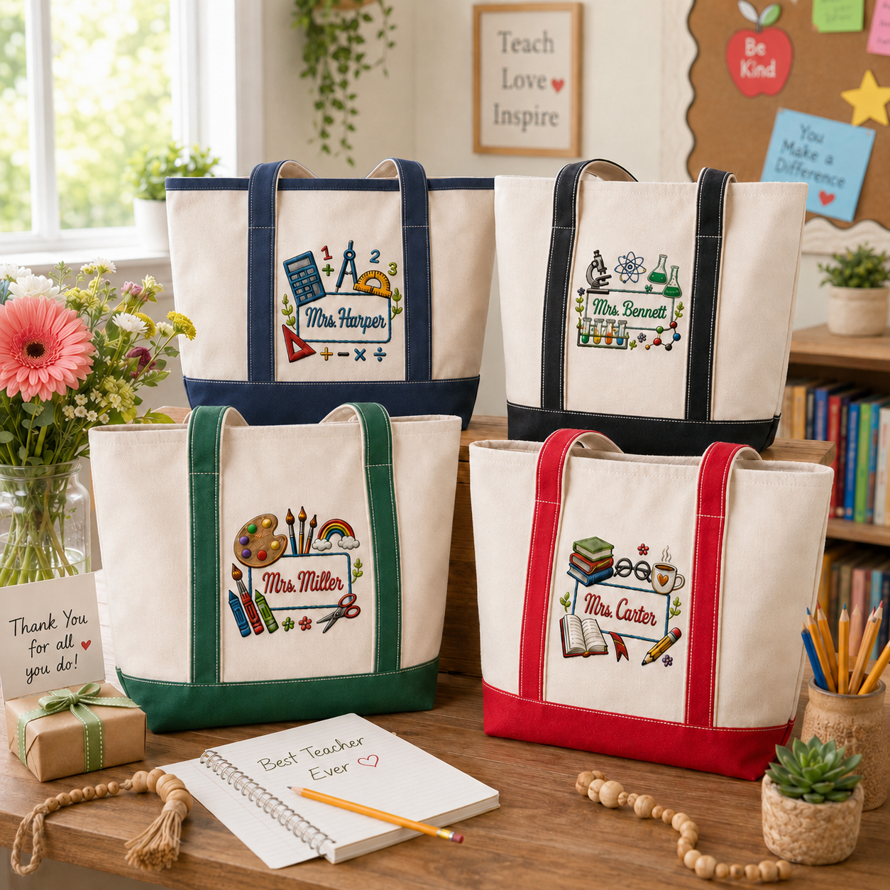 Personalized Embroidered Tote Bag for Teacher - Custom Name Gift