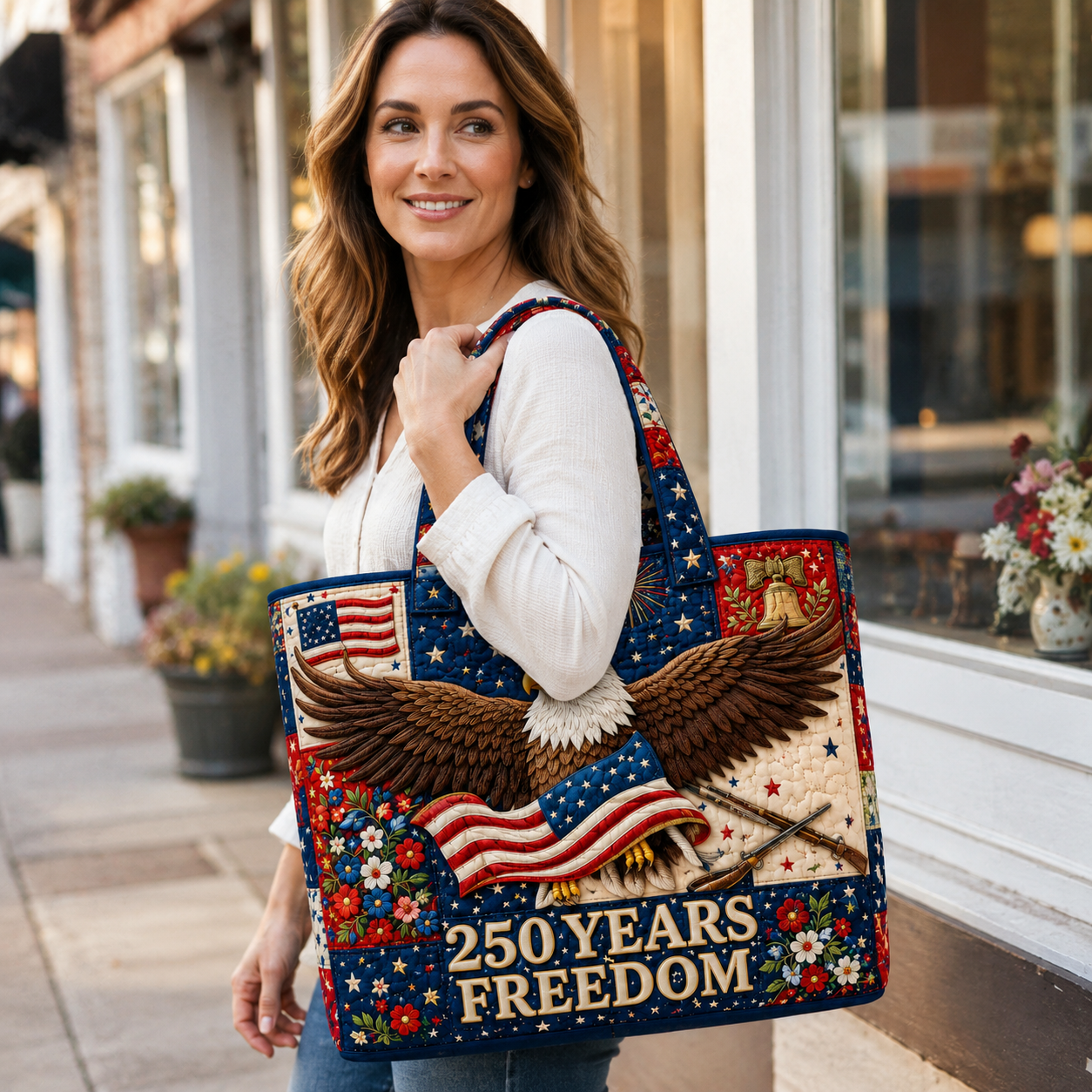 Quilted Patriotic Tote Bag with Bald Eagle 250 Years Freedom Gift for Her