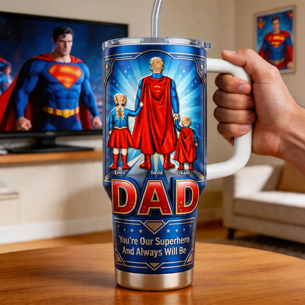 Personalized SuperDad Tumbler with Family Design - Gift for Dad
