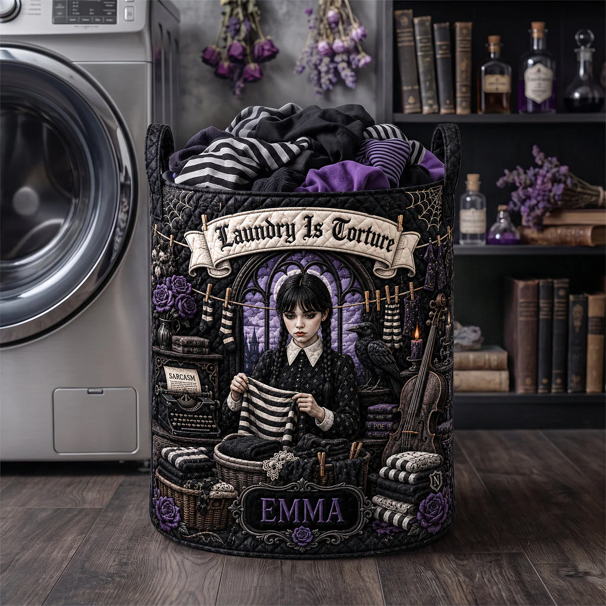 Personalized Gothic Quilted Laundry Basket Custom Name Gift for Her Halloween Quilted Laundry Basket GradoCreations