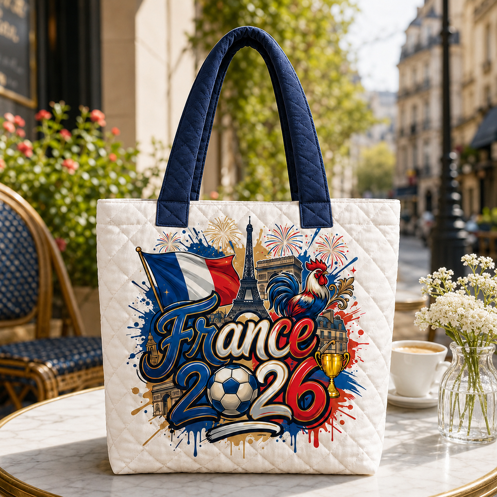 Quilted Tote Bag France Flag 2026 Soccer Cup Gift for Fans