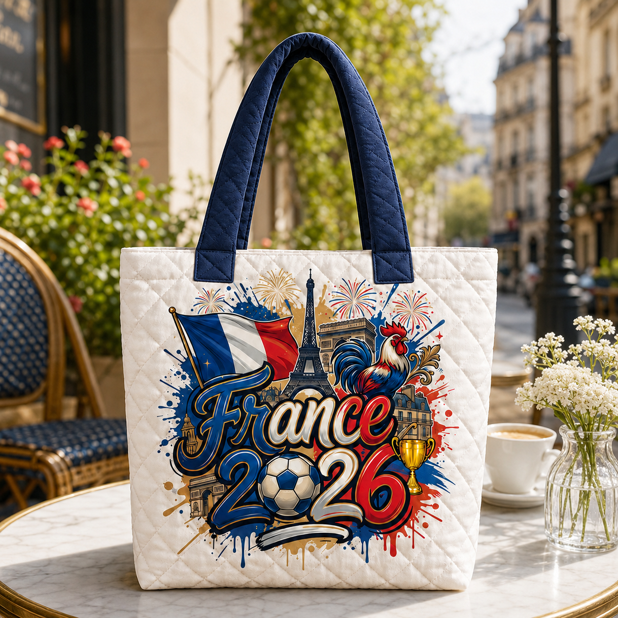 Quilted Tote Bag France Flag 2026 Soccer Cup Gift for Fans