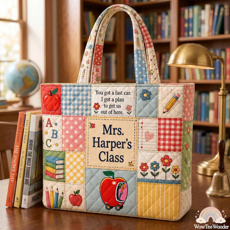 Personalized Quilted Tote Bag for Teachers with Custom Name and Apple Design