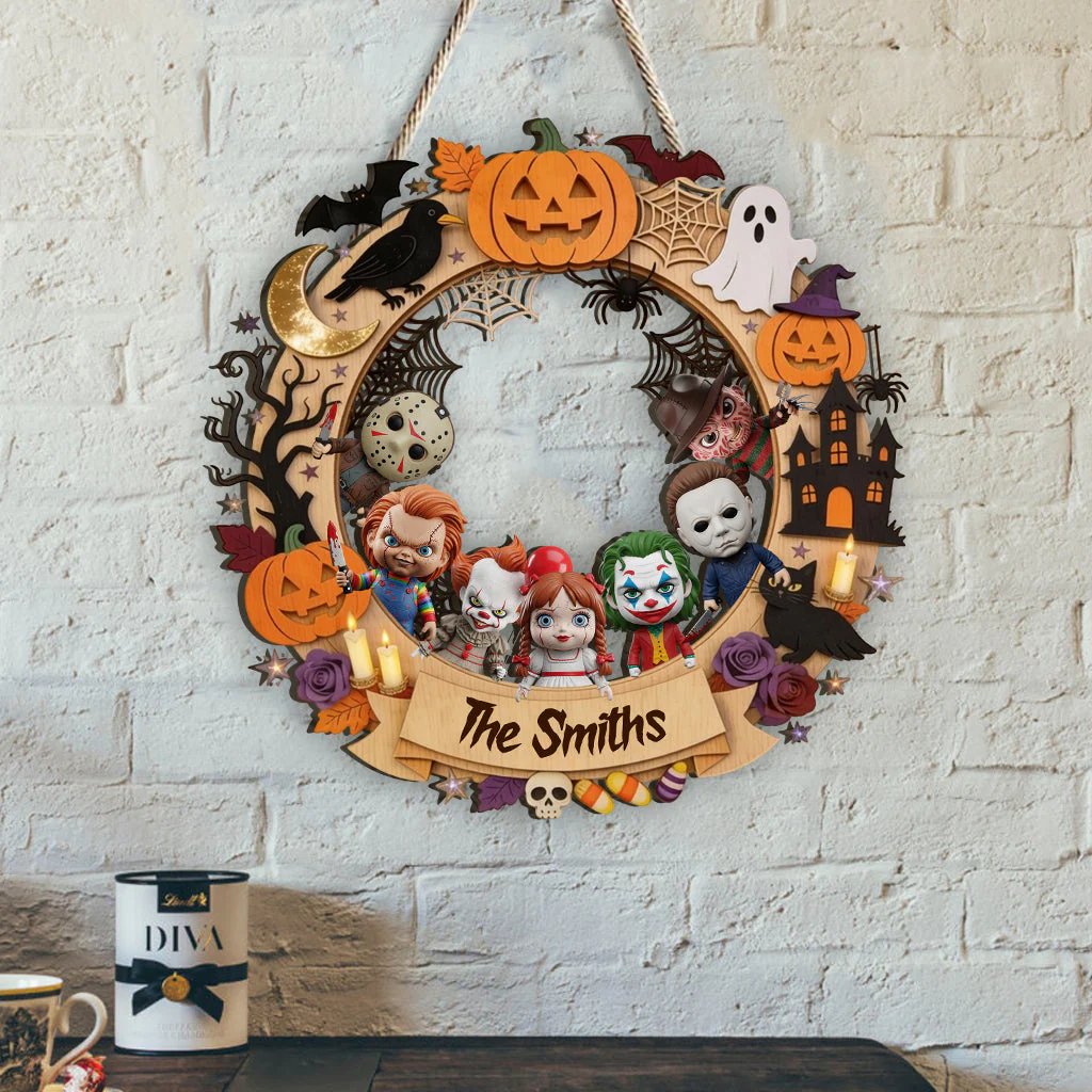 Personalized Halloween Wood Sign with Horror Characters | Family Gift Wood Sign GradoCreations