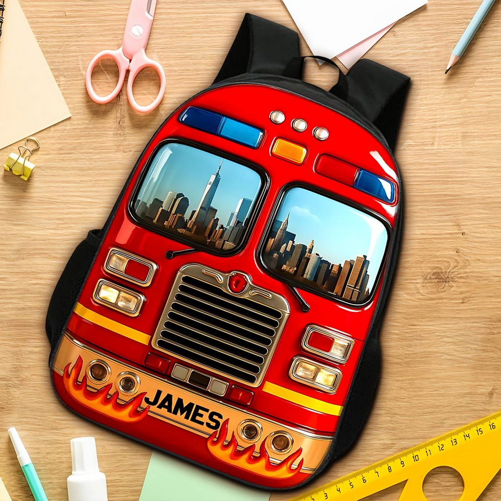 Personalized Firetruck Backpack Set with Custom Name for Kids Back to School Gift