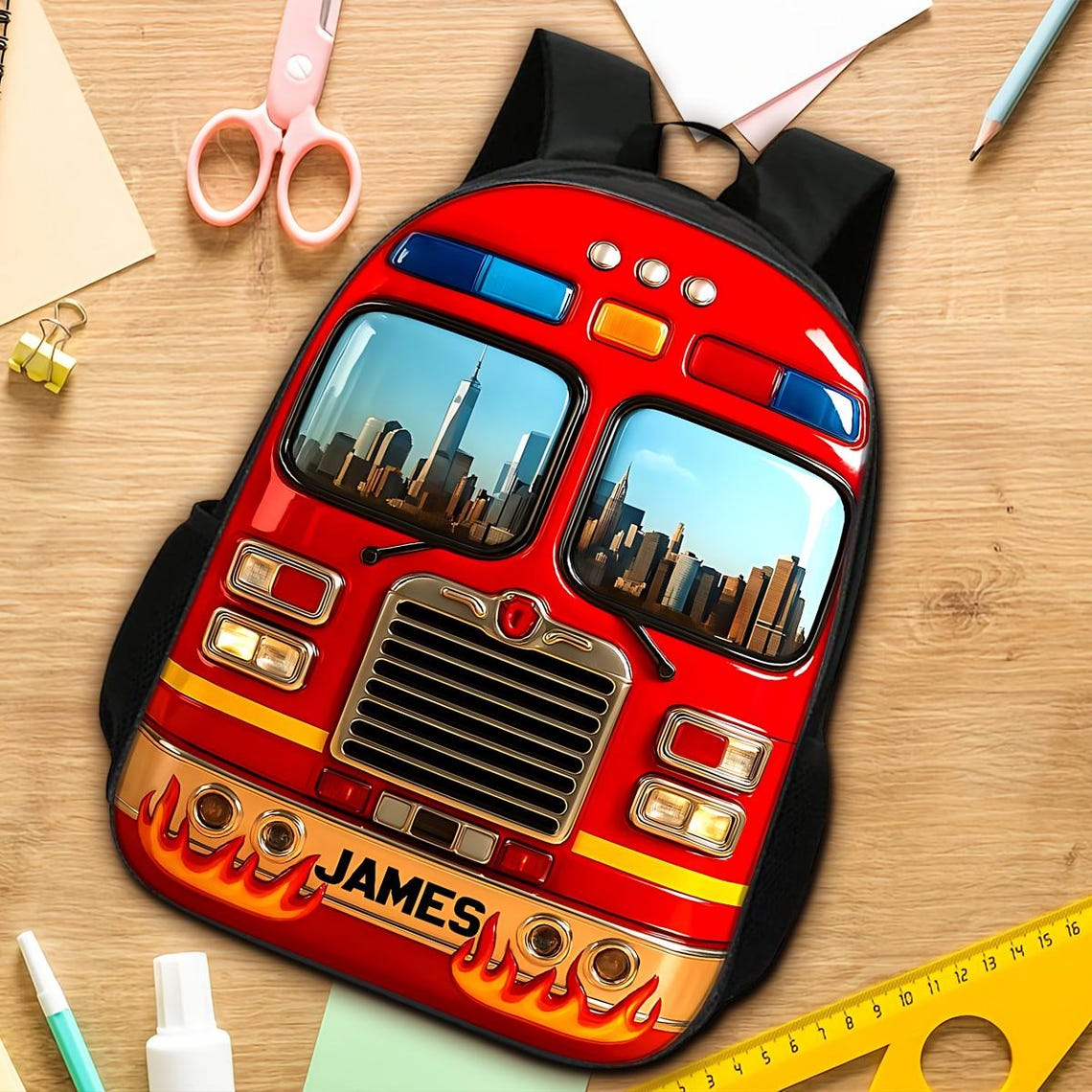 Personalized Firetruck Backpack Set with Custom Name for Kids Back to School Gift