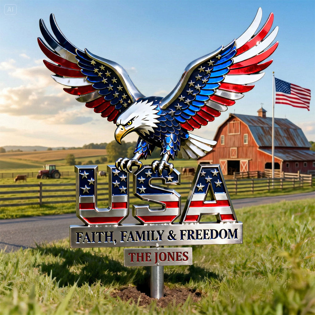 Personalized USA Eagle Metal Garden Stake Decor Gift for Family