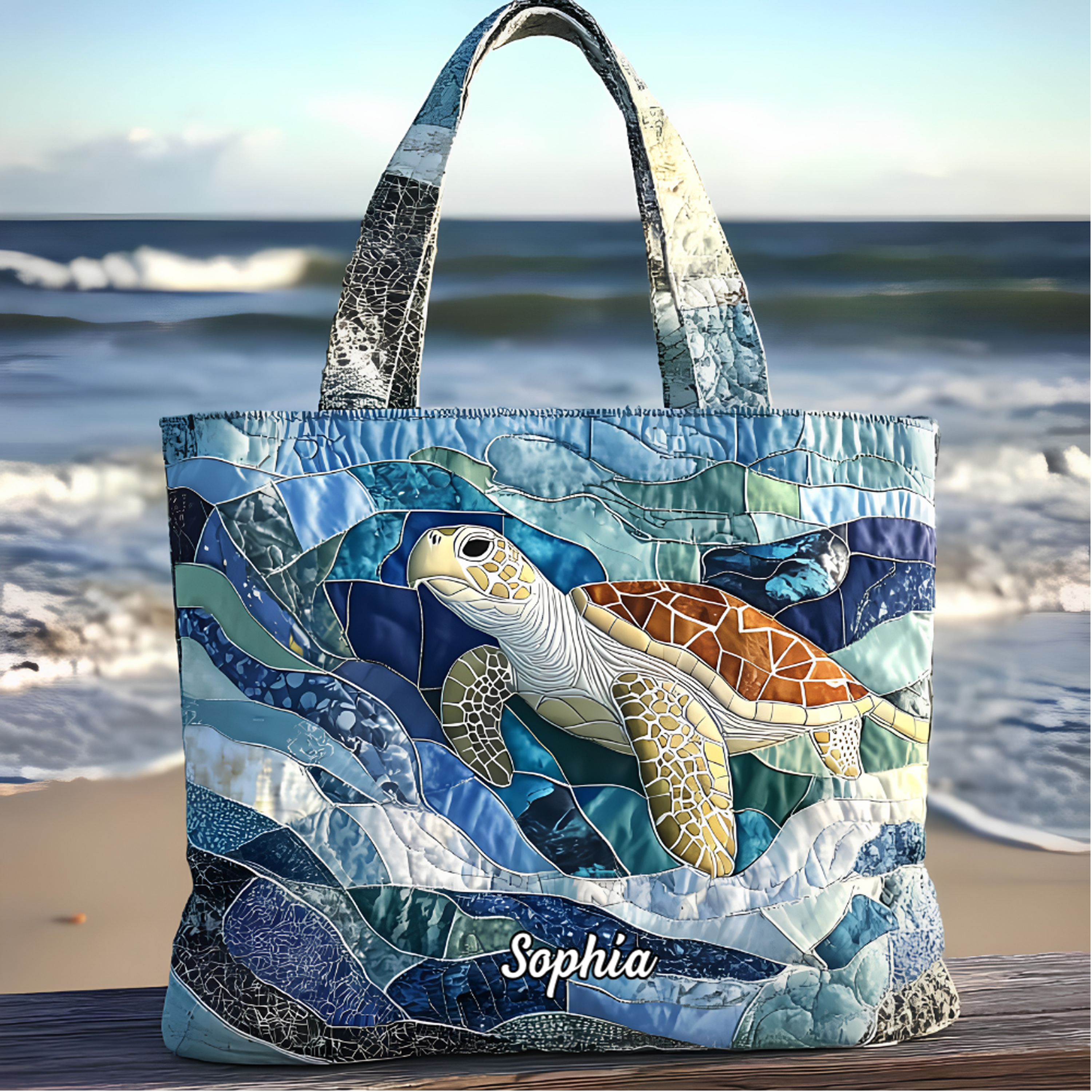 Personalized Quilted Tote Bag with Turtle Design Gift for Her