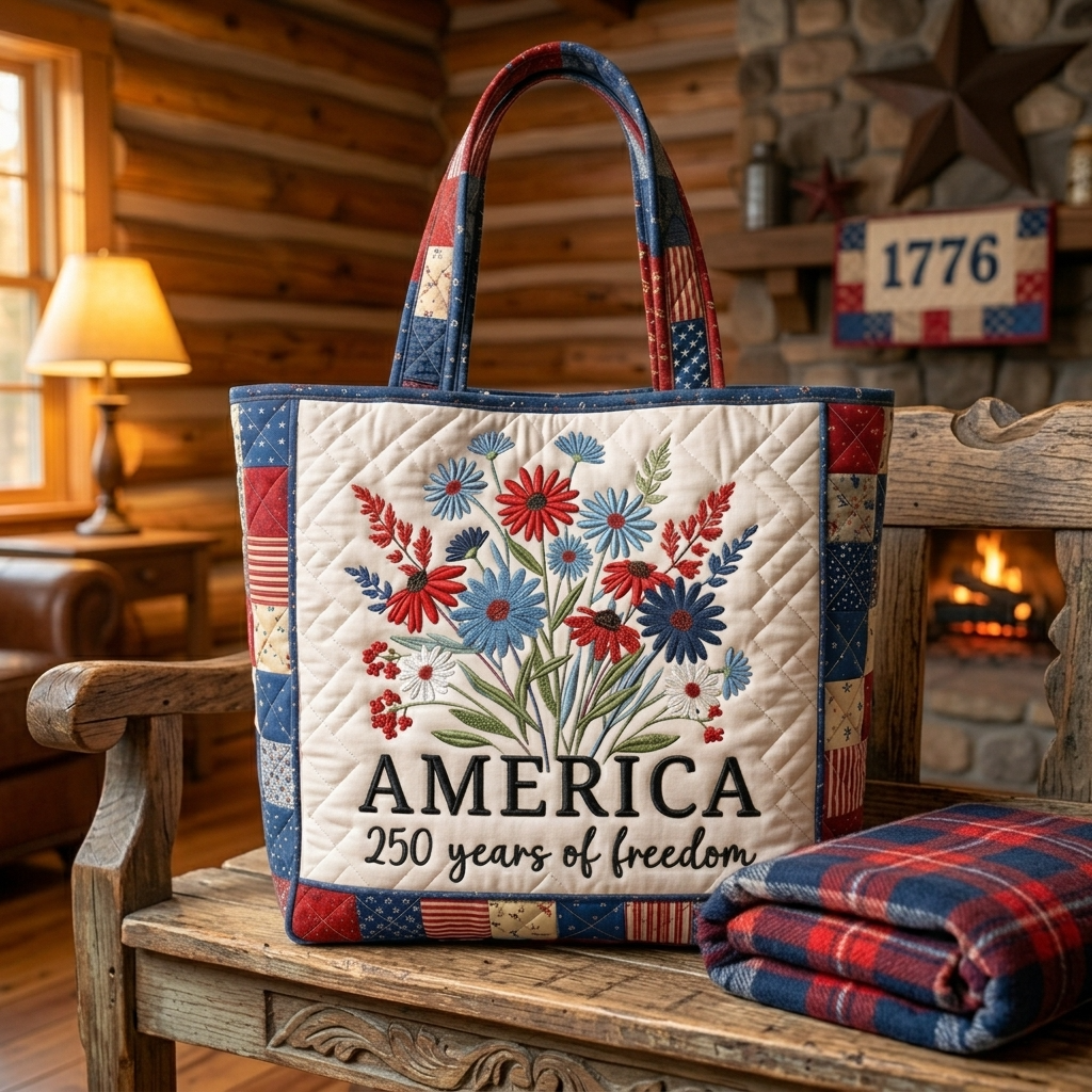 Patriotic Quilted Tote Bag with Flower Design for Her - Independence Day Gift