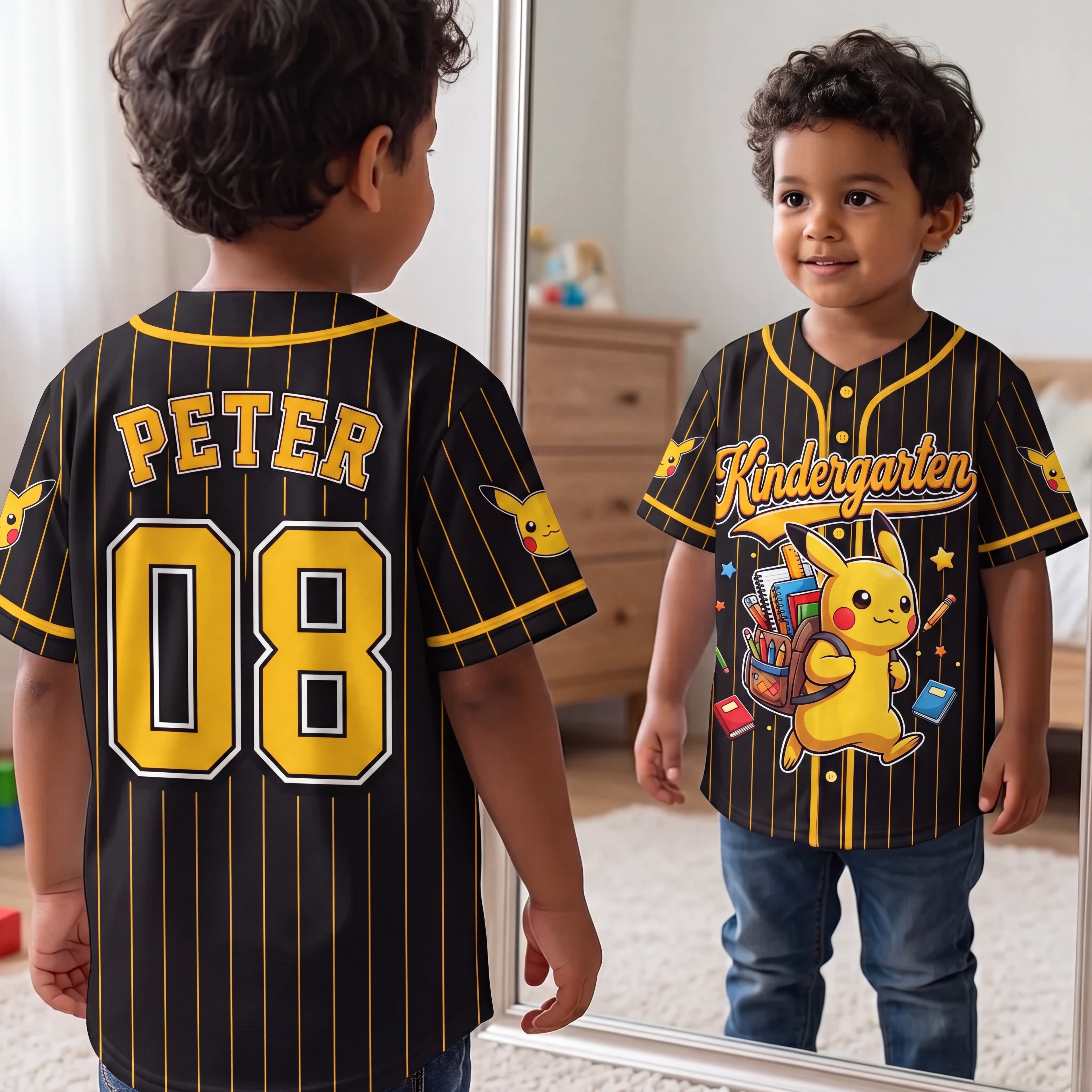 Personalized Kids Baseball Jersey with Pikachu Design for Back to School Gift Kid Baseball Jersey GradoCreations