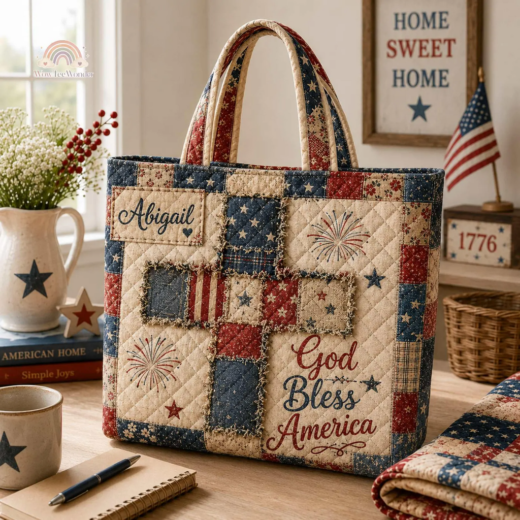 Personalized Quilted Tote Bag American Flag Floral Gift for Patriots