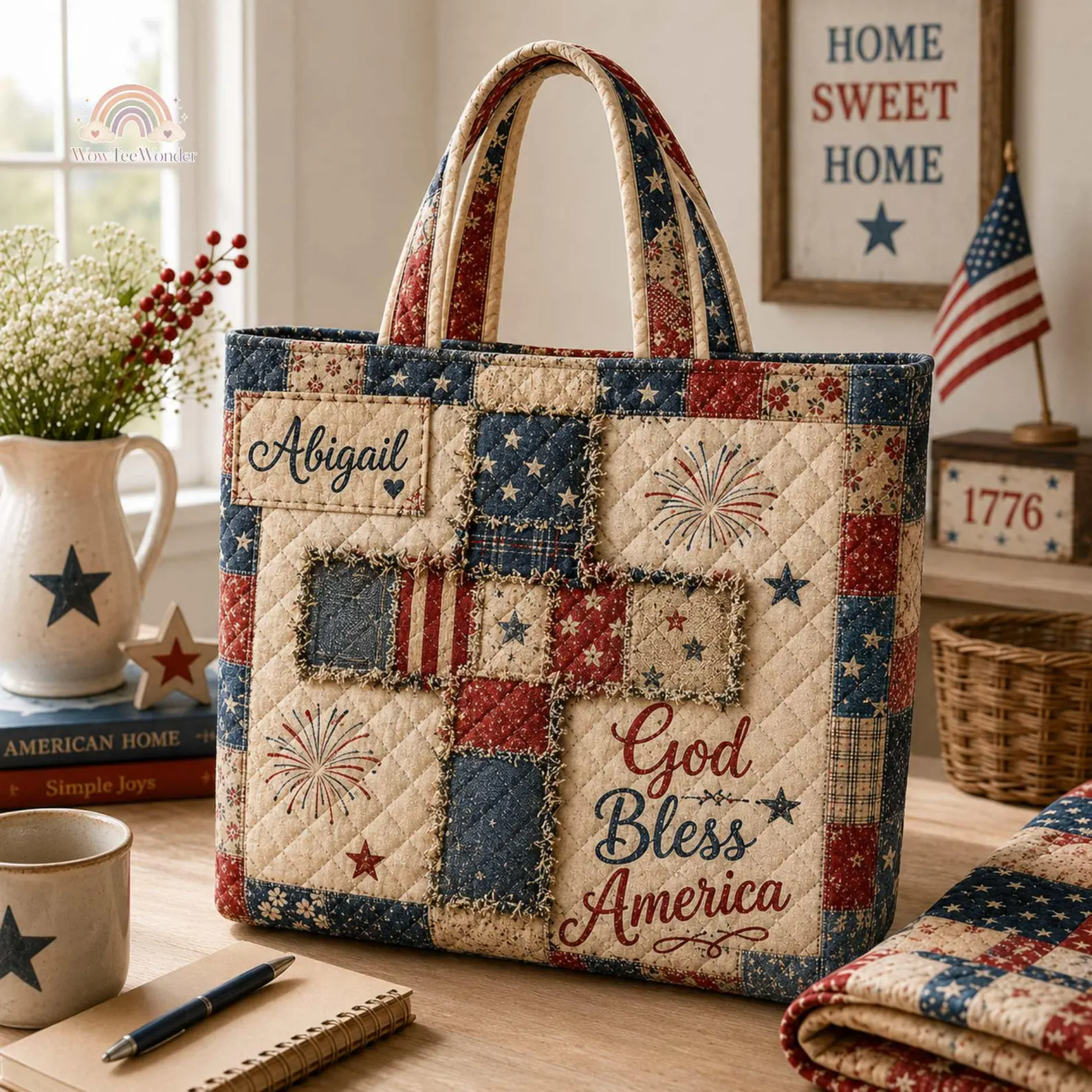 Personalized Quilted Tote Bag American Flag Floral Gift for Patriots