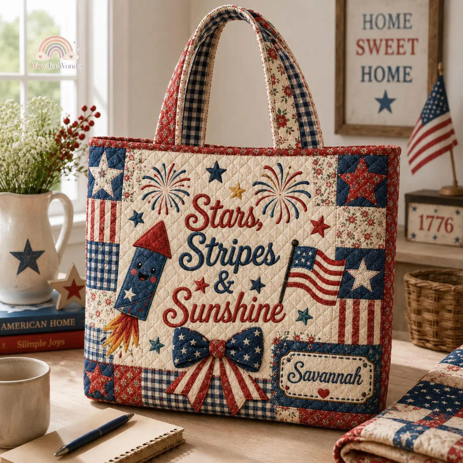 Personalized USA Flag Quilted Tote Bag Custom Name Gift for Patriots