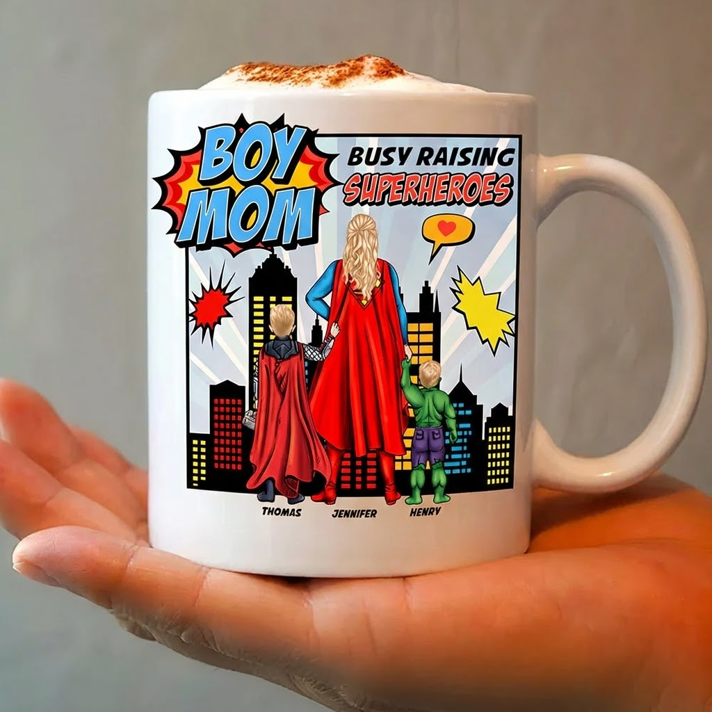 Personalized Boy Mom Ceramic Mug Busy Raising Superheroes Gift for Mom Mug GradoCreations