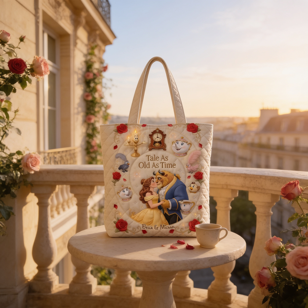 Personalized Quilted Tote Bag - Tale As Old As Time Gift for Couple