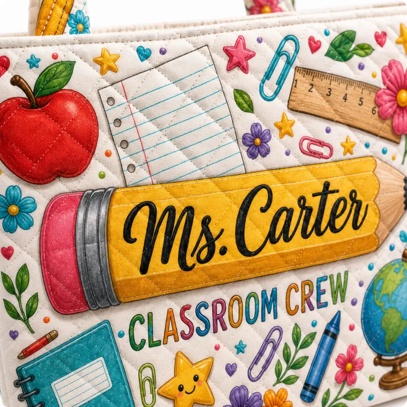Personalized Teacher Tote Bag with Apple & Pencil Design Gift for Educator