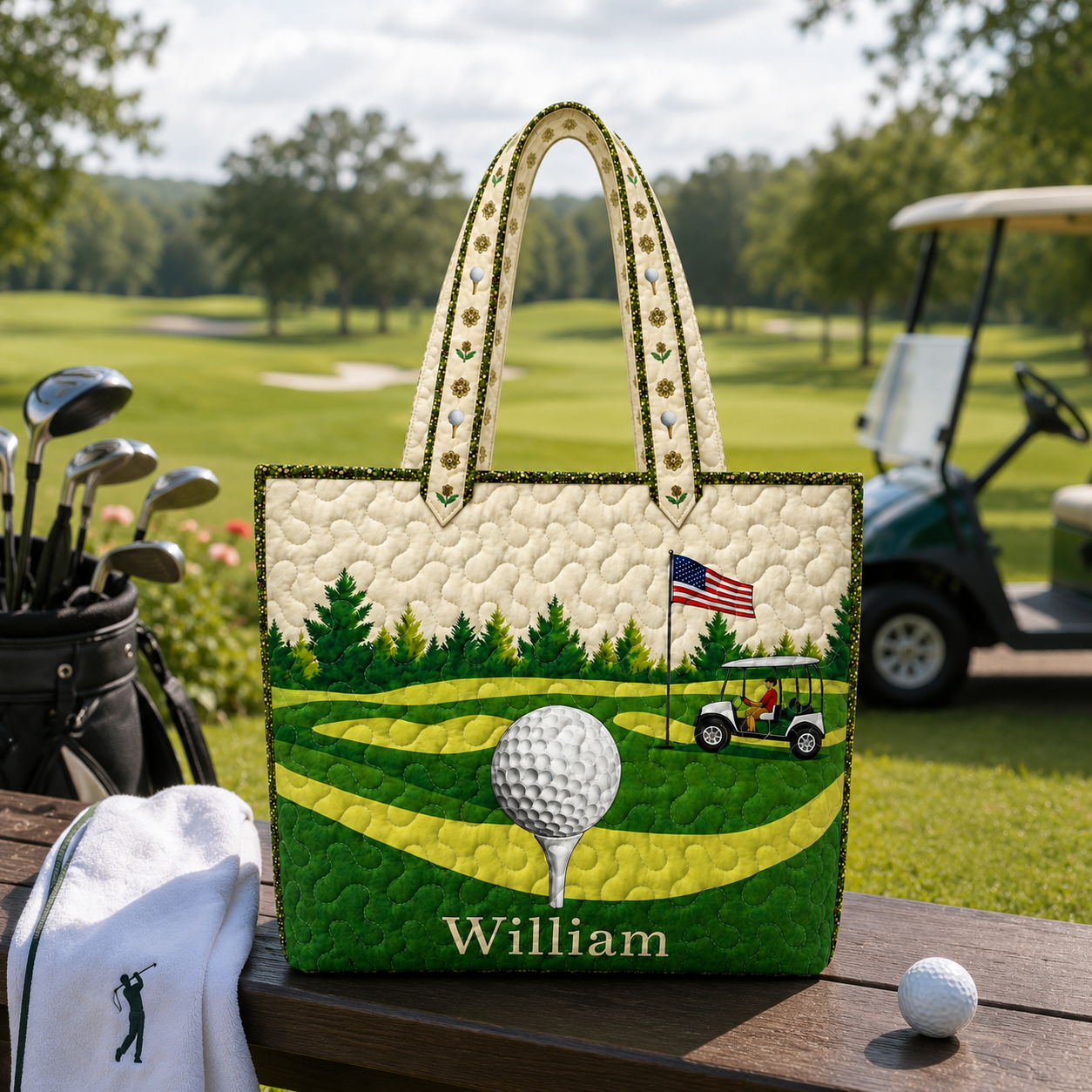 Personalized Quilted Tote Bag Golf Course Design Gift for Golf Lovers