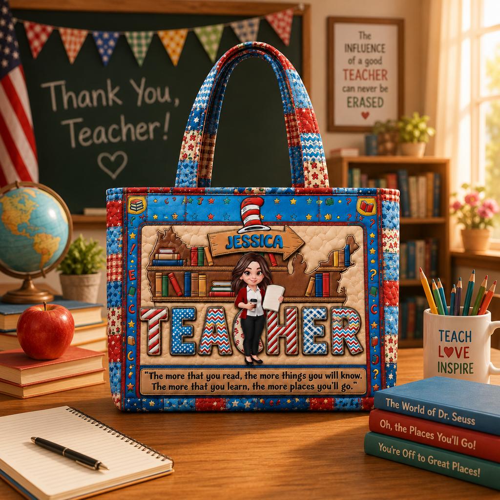Personalized Quilted Tote Bag for Teacher Gift - Custom Name Quilted Tote Bag GradoCreations