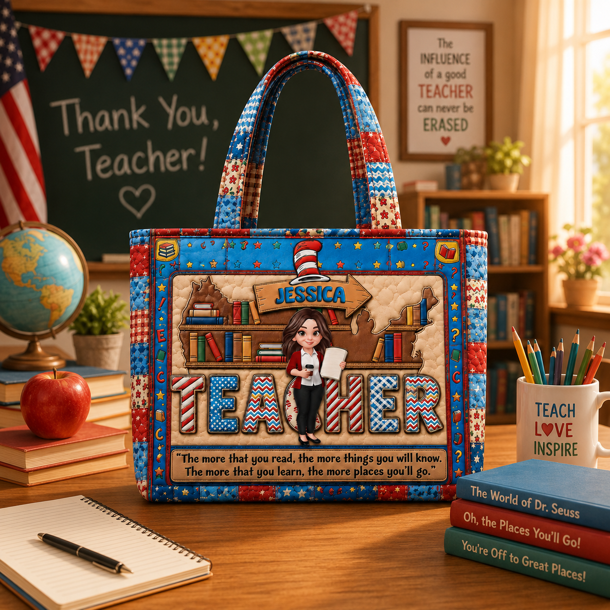 Personalized Quilted Tote Bag for Teacher Gift - Custom Name Quilted Tote Bag GradoCreations