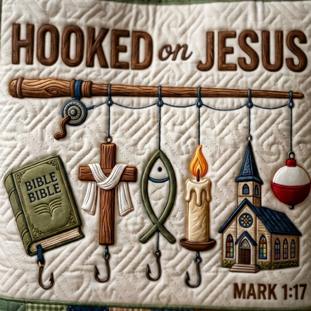 Quilted Tote Bag Hooked on Jesus Mark 1:17 Christian Gift for Fishermen