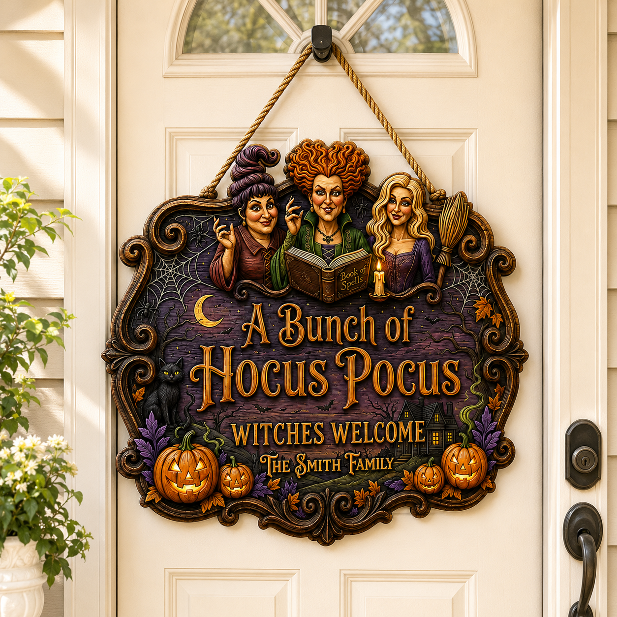 Personalized Halloween Wood Sign for Family with Witch Trio Decor Wood Sign GradoCreations