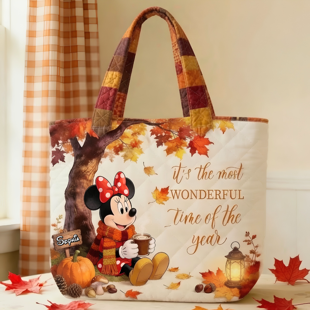 Personalized Quilted Tote Bag Fall Vibes Mickey Mouse Gift Quilted Tote Bag GradoCreations