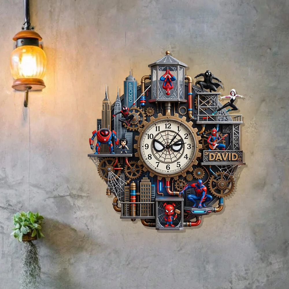 Personalized Spider-Man Wall Hanging Clock Custom Name Gift for Movie Fans Wall Hanging Clock GradoCreations
