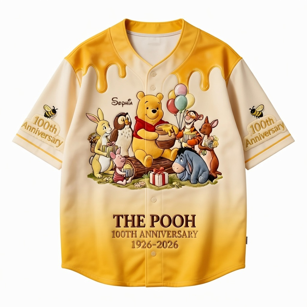 Personalized Winnie the Pooh 100th Anniversary Baseball Jersey Gift for Fans