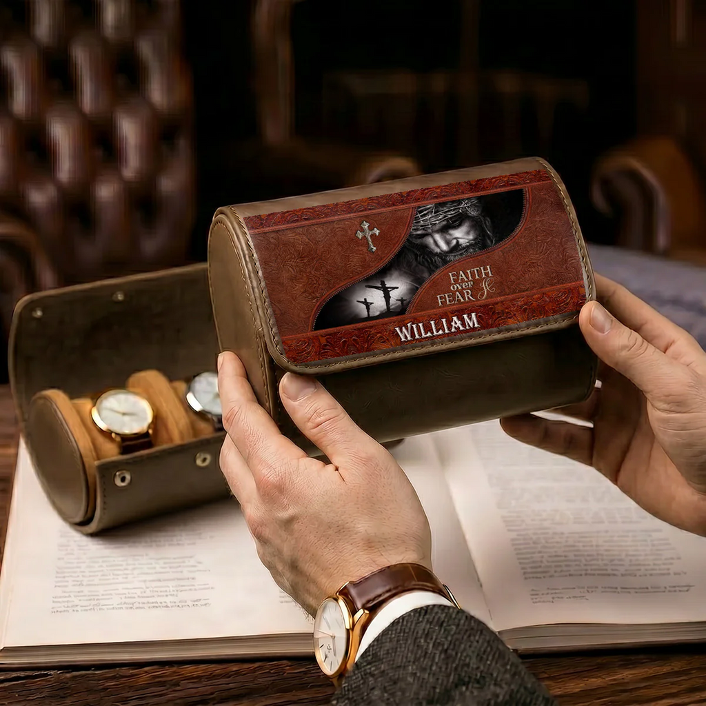 Personalized Leather Watch Case Faith Over Fear Gift for Dad