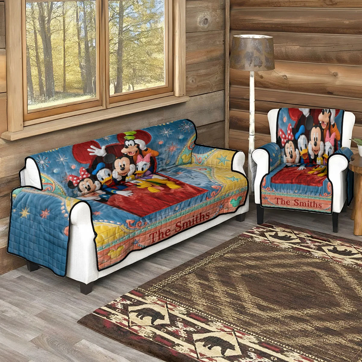 Personalized Quilted Sofa Cover with Disney Characters | Custom Family Gift Quited Sofa Cover GradoCreations