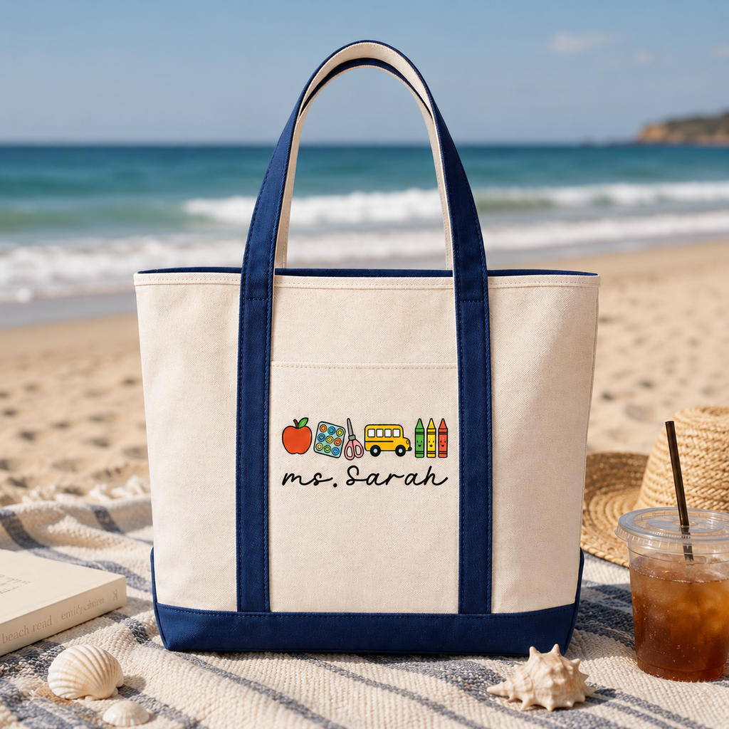 Personalized Embroidery Tote Bag with School Bus Design for Teacher