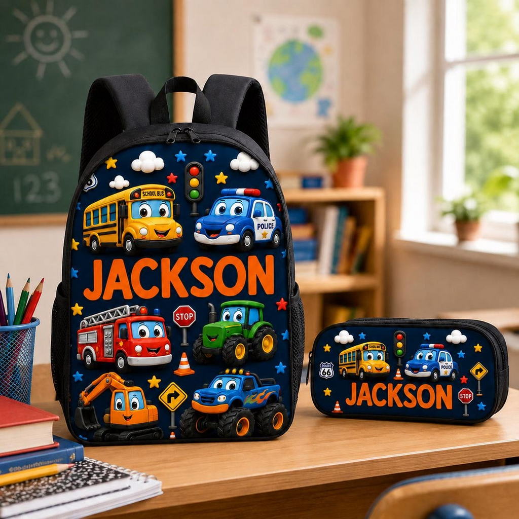 Personalized Vehicle-Themed Backpack Set for Kids - Custom Name School Bag, Lunch Bag, Pencil Case & Water Bottle